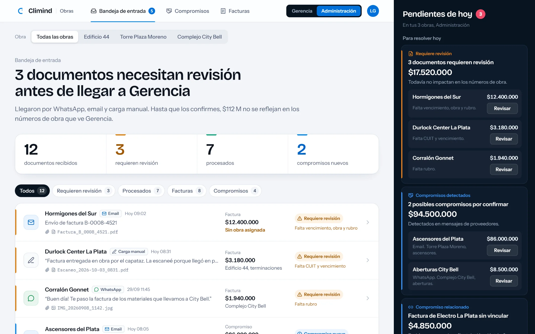 Bandeja de entrada de Administración: 12 documentos recibidos por WhatsApp, email y carga manual. 3 requieren revisión, 7 están procesados y hay 2 compromisos nuevos. A la factura de Hormigones del Sur le faltan vencimiento, obra y rubro.
